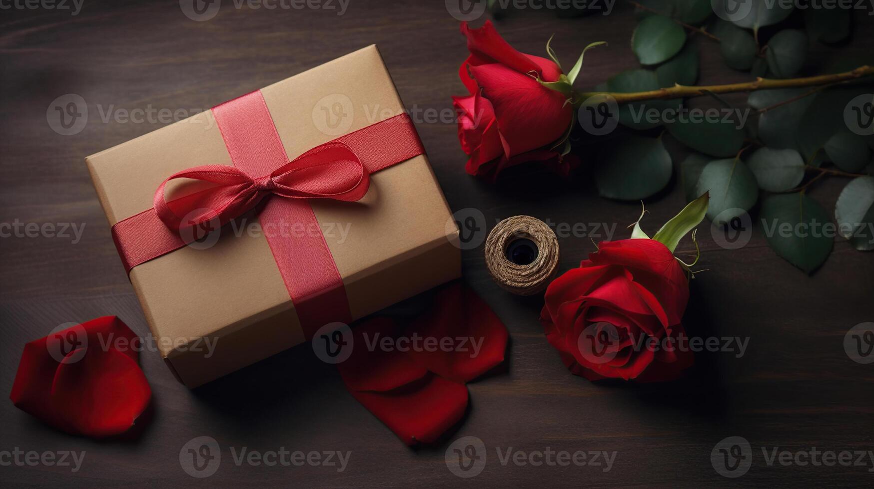 Beautiful Kraft Gift box with red ribbon and rose, concept of Valentine's, anniversary, mother's day and birthday greeting, photo