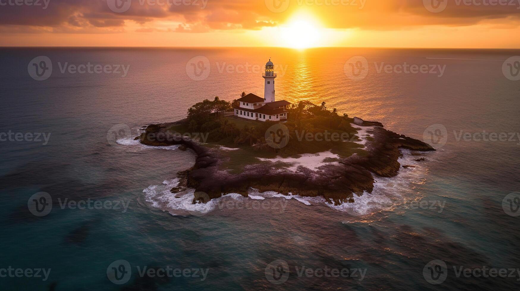 aéreo ver de un faro de un lujo recurso con bungalows en un pequeño isla a atardecer, generativo ai foto