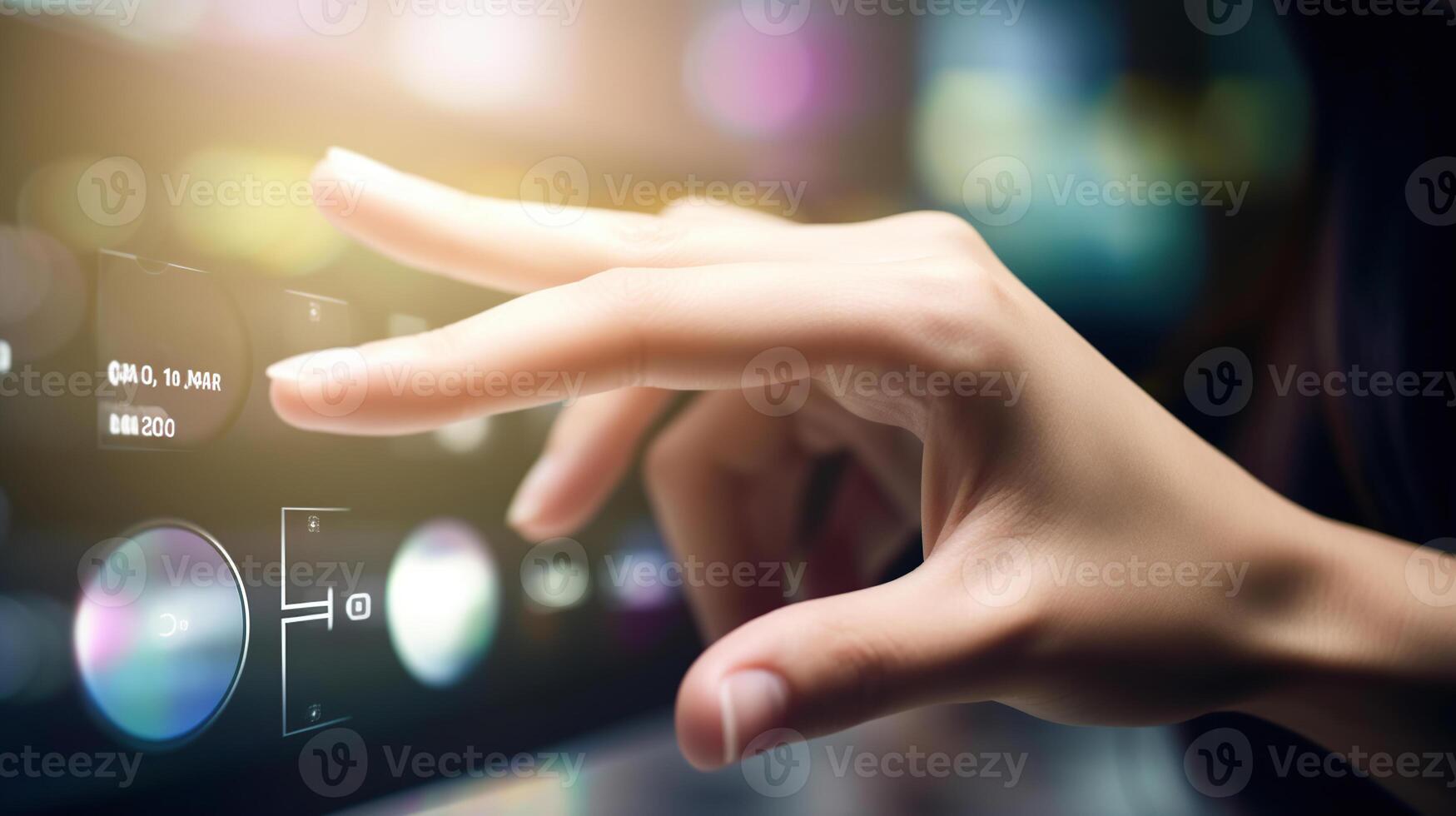 women hand touch on virtual functions icon on a virtual screen , intelligent system, photo