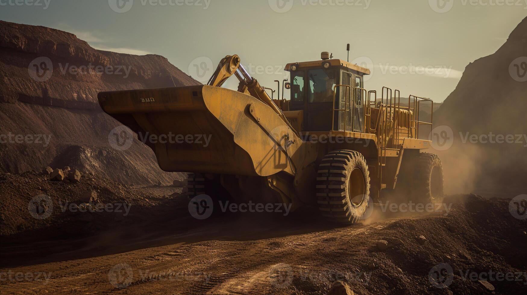 Work of heavy equipment in an open pit for gold ore mining, soft focus, photo