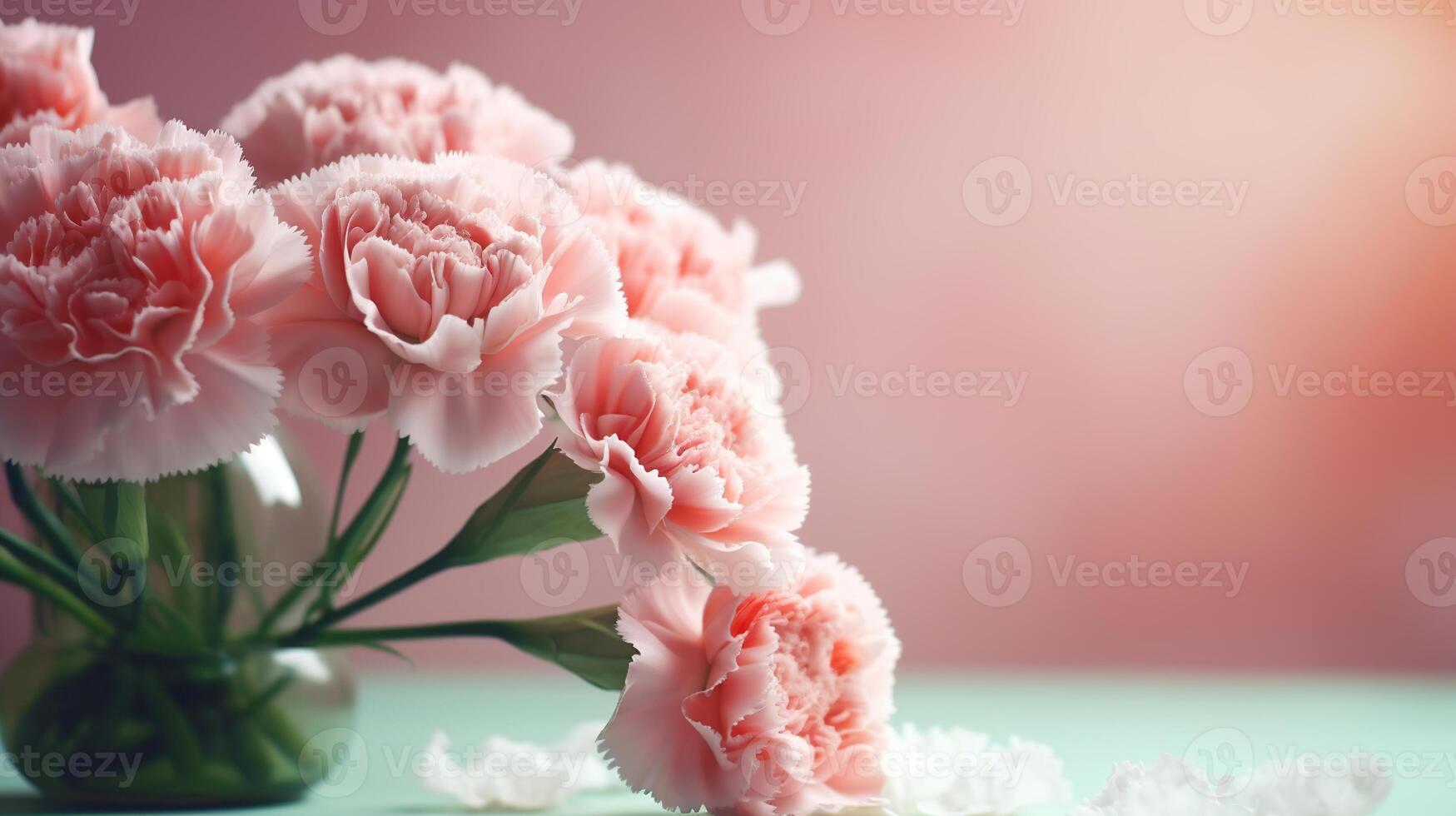 diseño concepto de de la madre día fiesta saludo diseño con clavel ramo de flores en pastel rosado mesa fondo, generativo ai foto