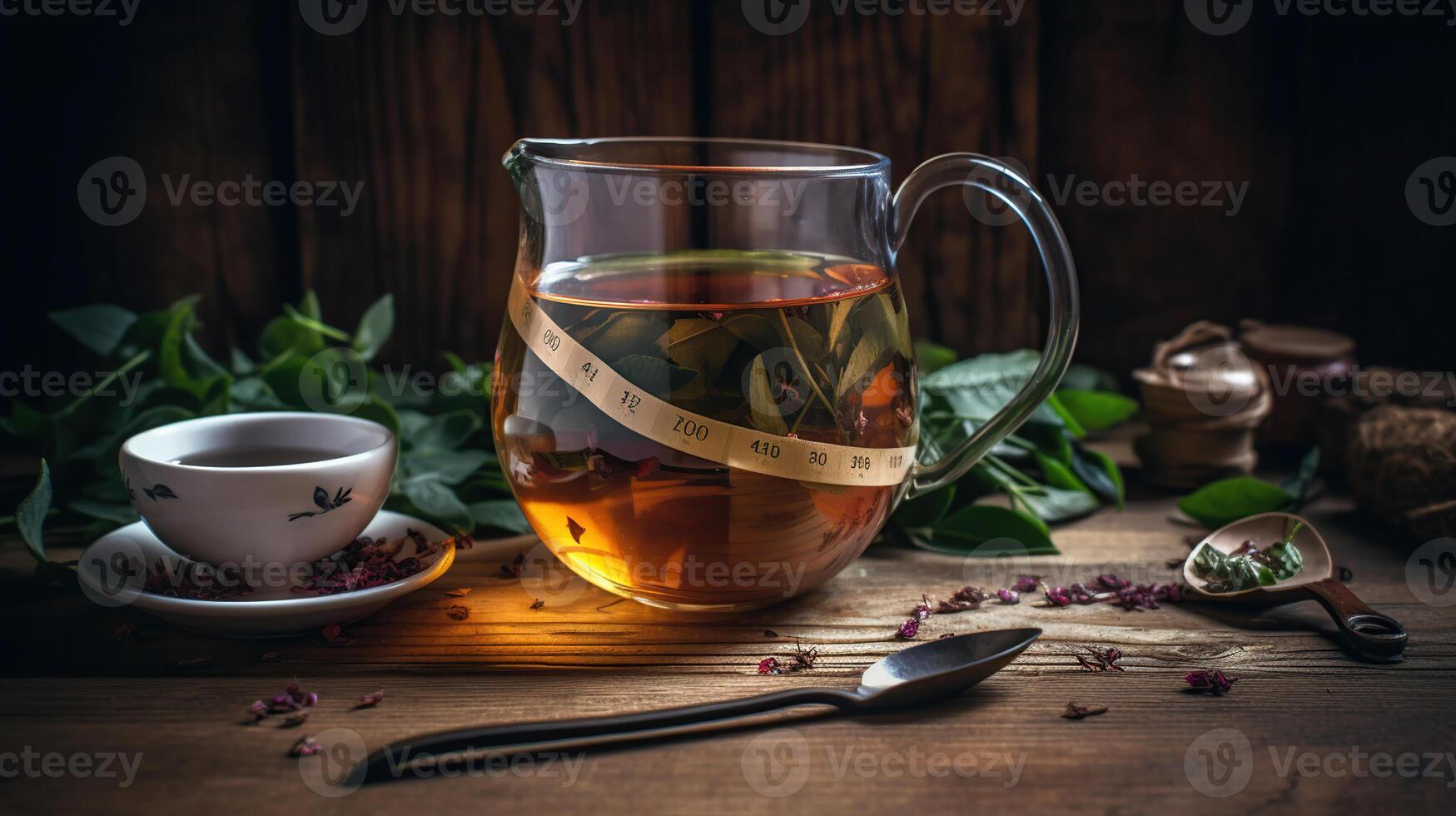 Composition with glass cup of diet herbal tea and measuring tape on wooden background, flat lay, photo