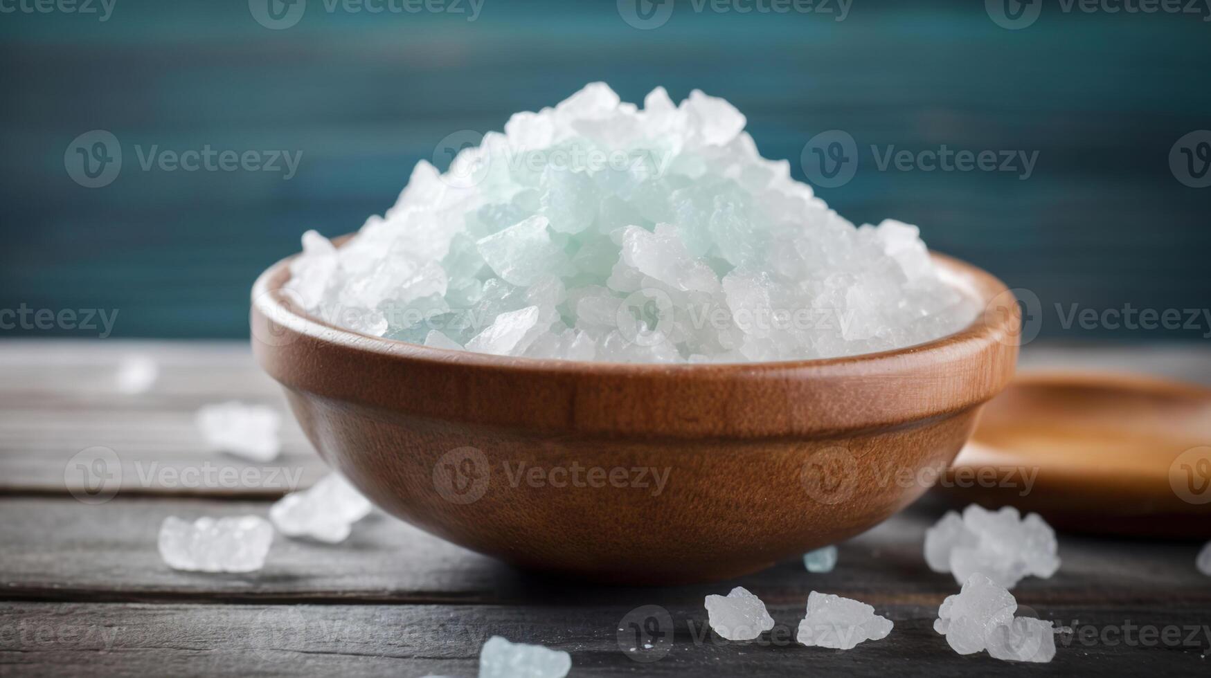 Bowl of sea salt on color wooden background, closeup, photo