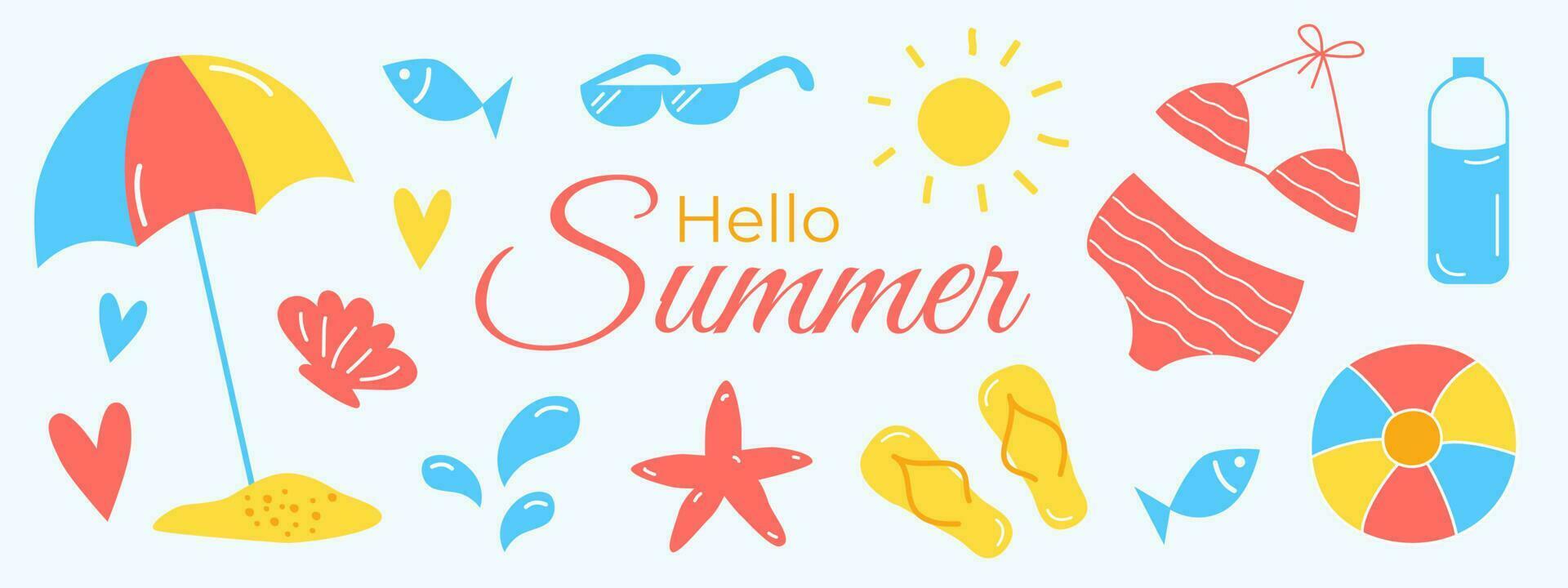 Sea beach elements and things for vacation. Vector illustration of beach umbrella, flip-flops, swimsuit. Hello Summer text design.
