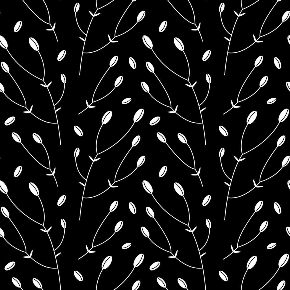 Monochrome seamless plant pattern. Vector illustration of floral ornament. Black and white drawing of twigs with leaves and buds. Dark botanical background.