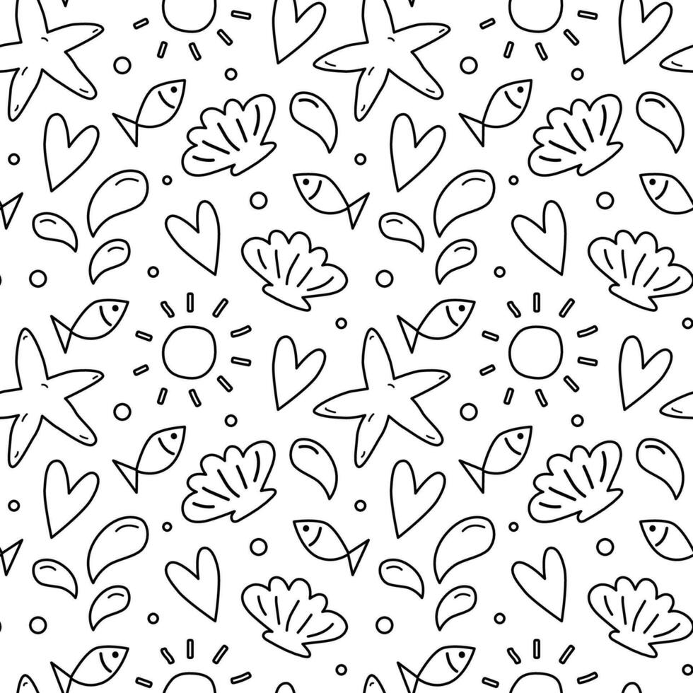 Seamless pattern with sea beach elements. Vector illustration, doodle style. Summer black and white background. Drawing of starfish and shells, fishes, splashes of water.