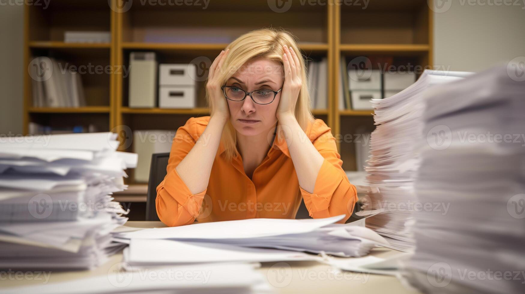 Desperate office worker overwhelmed with paperwork, photo