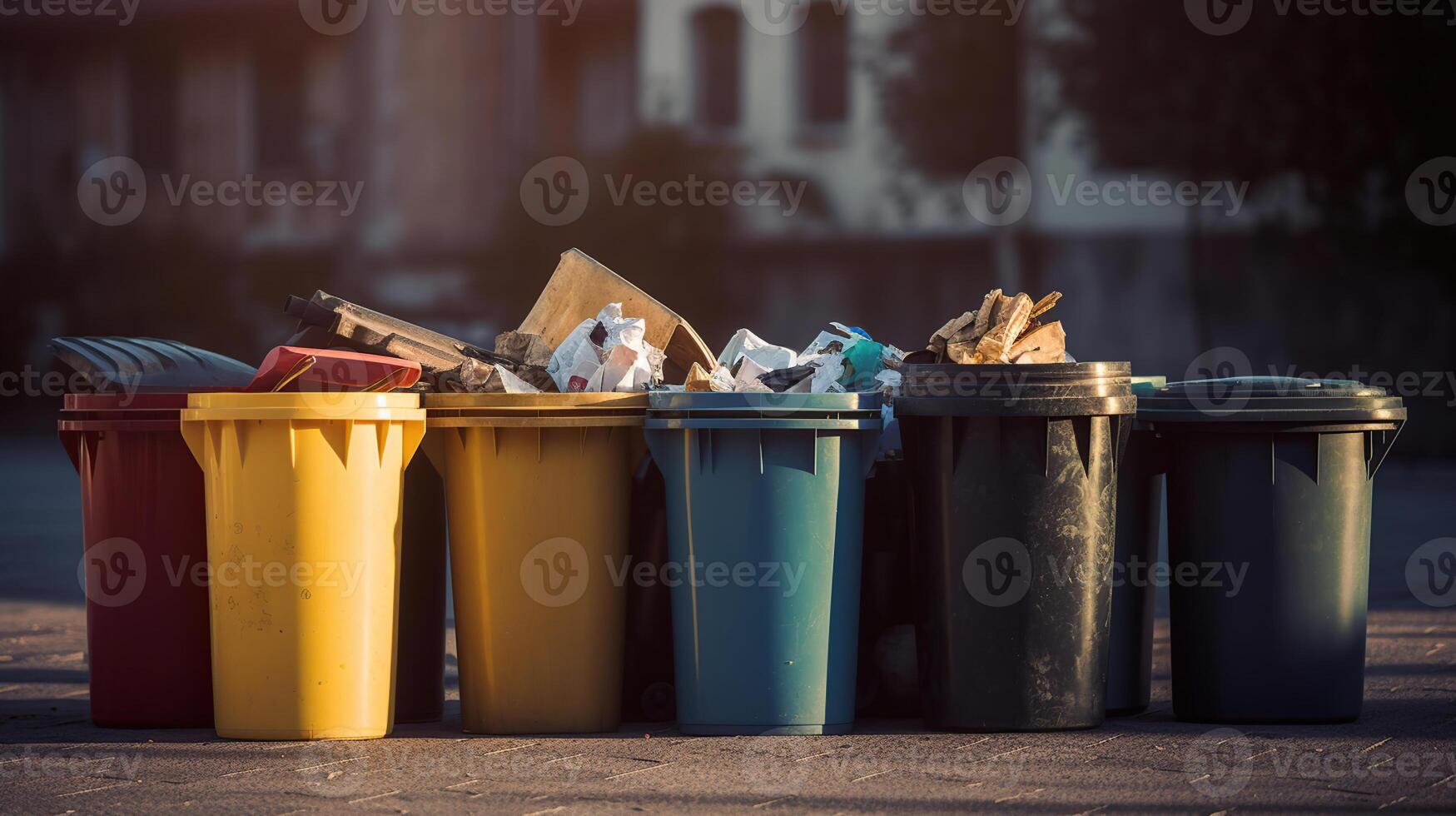 Collection of waste bins full of different types of garbage, recycling and separate waste collection concept, photo
