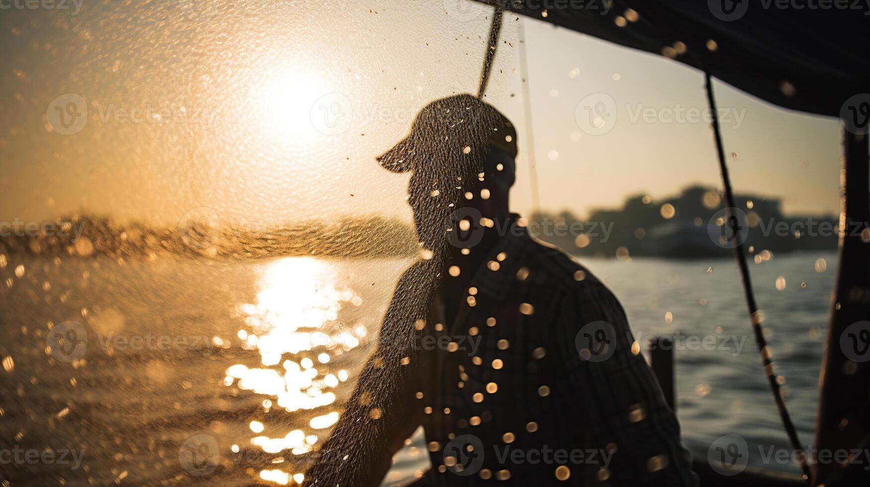 Photo shot of water spatter from fisherman while throwing fishing net from boat. Silhouette of asian fishermen with fishing net in morning sunshine along harbor,