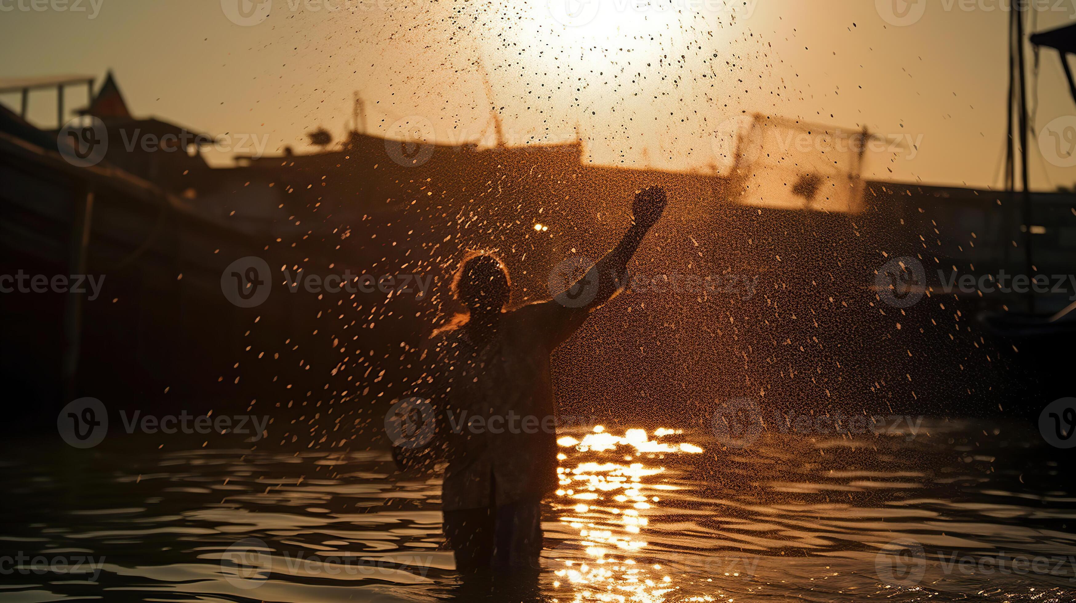 Photo shot of water spatter from fisherman while throwing fishing net from  boat. Silhouette of asian fishermen with fishing net in morning sunshine  along harbor, generative ai 23329207 Stock Photo at Vecteezy