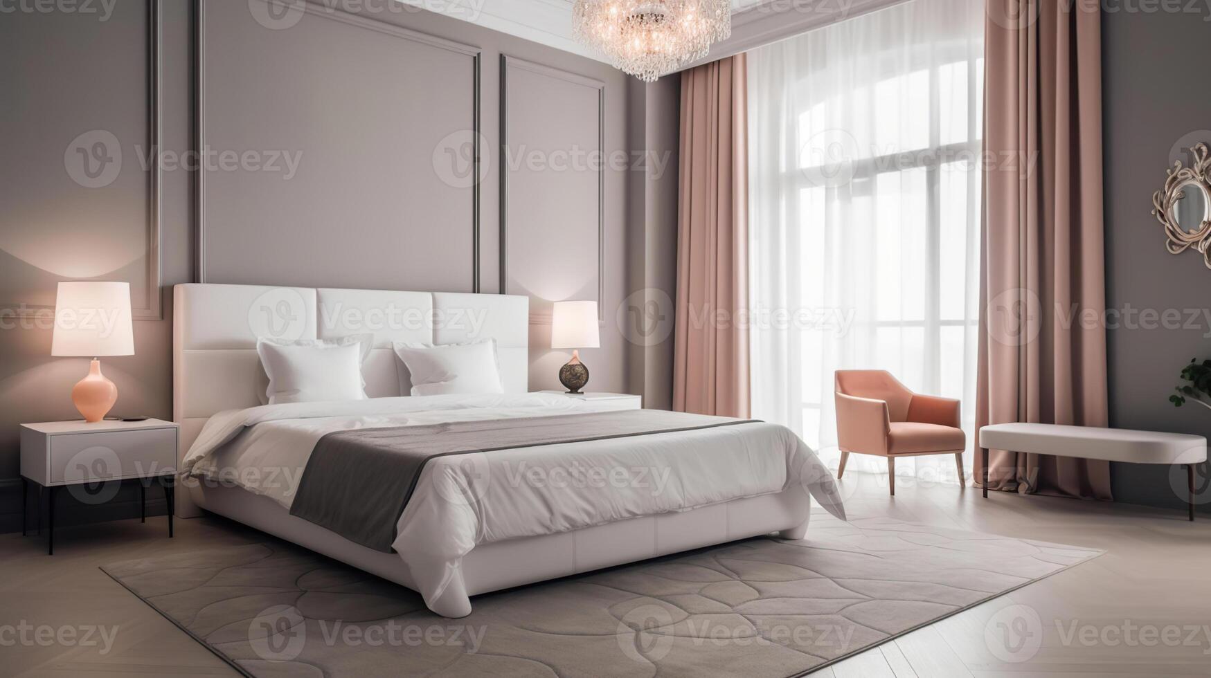 Interior of modern room with big bed, tables and lamp, photo