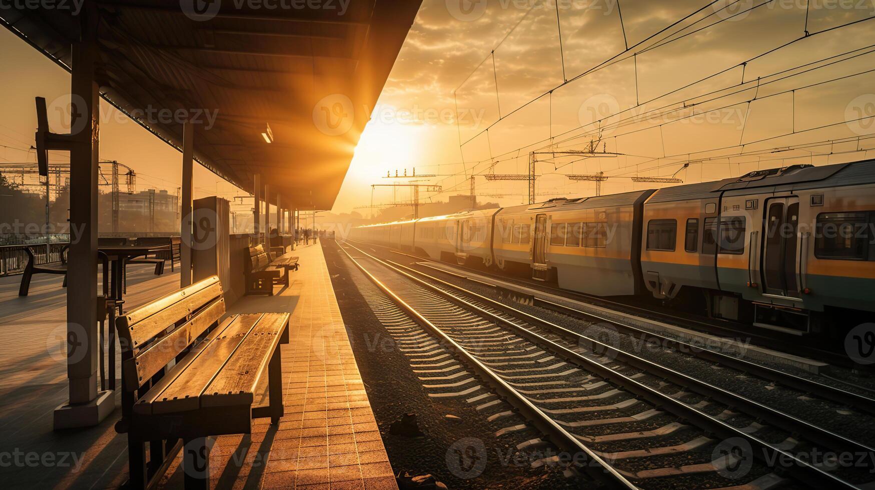 puesta de sol serenata - un romántico tren detener a el ferrocarril estación, generativo ai foto