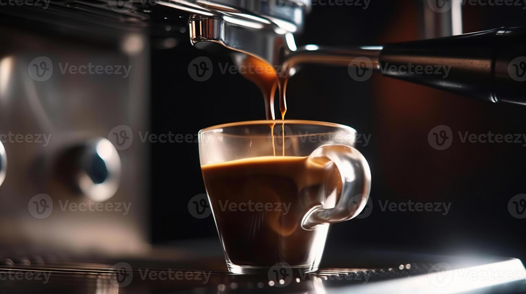 Close-up of espresso pouring from coffee machine. Professional coffee brewing, photo