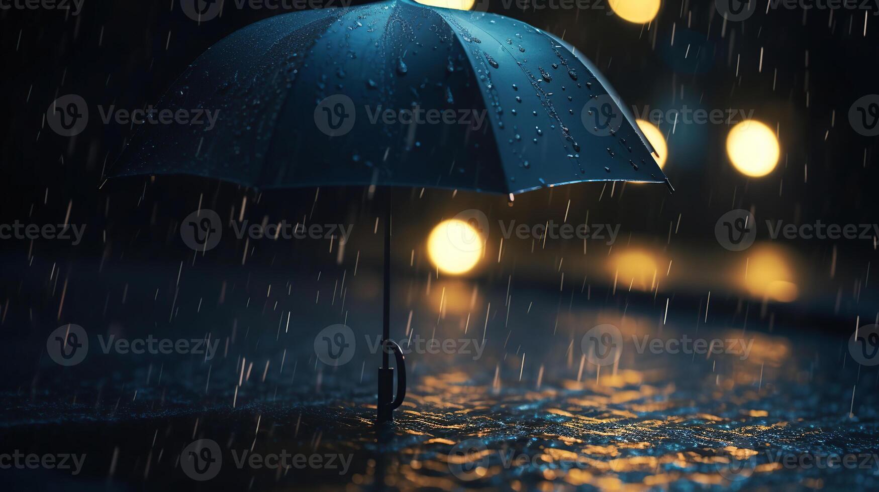 Rain And Lightning On Black Umbrella On Defocused Background - Abstract Weather Concept, photo