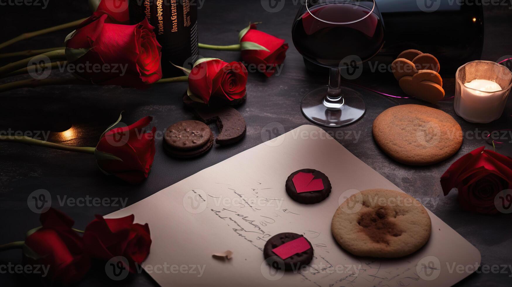 Blank letter, rose, bottle of wine, cookies, candles and gift, photo
