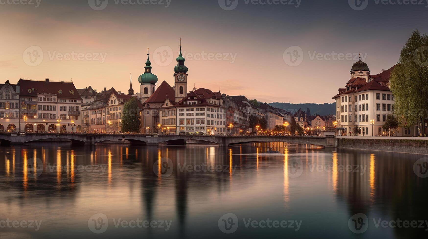 Dramatic scene with river and Jesuit church, Scenic evening panorama view of the Old Town. Wonderful vivid cityscape during sunset, photo