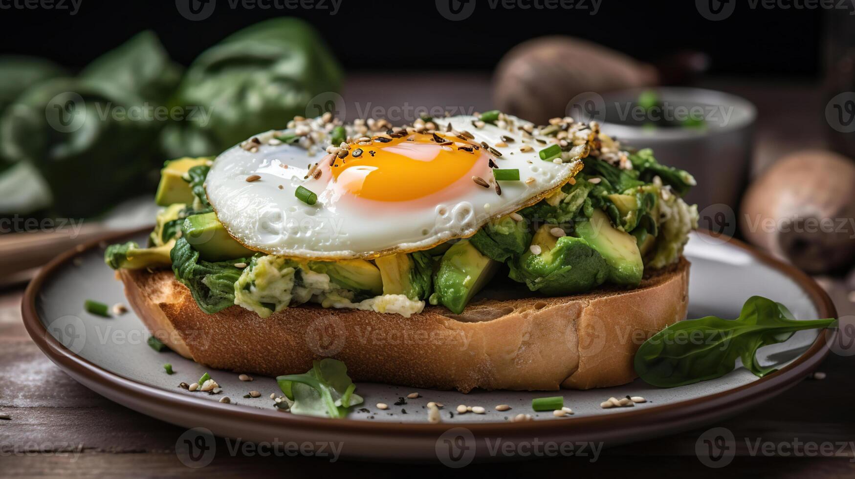 Croissant avocado toast with spinach and fried eggs. Healthy breakfast