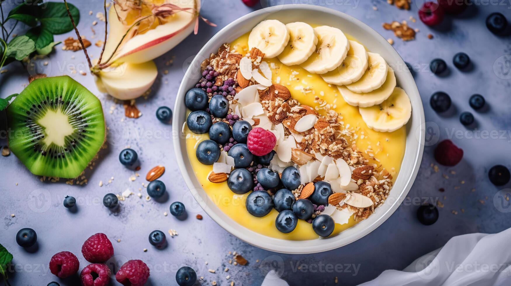 sano piña, mango zalamero cuenco con Coco, plátanos, arándanos y Granola. oscuro bolsa redonda, generativo ai foto