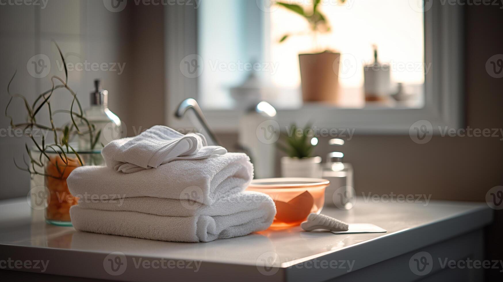 artículos de aseo y toallas en el baño, personal higiene concepto, generativo ai foto
