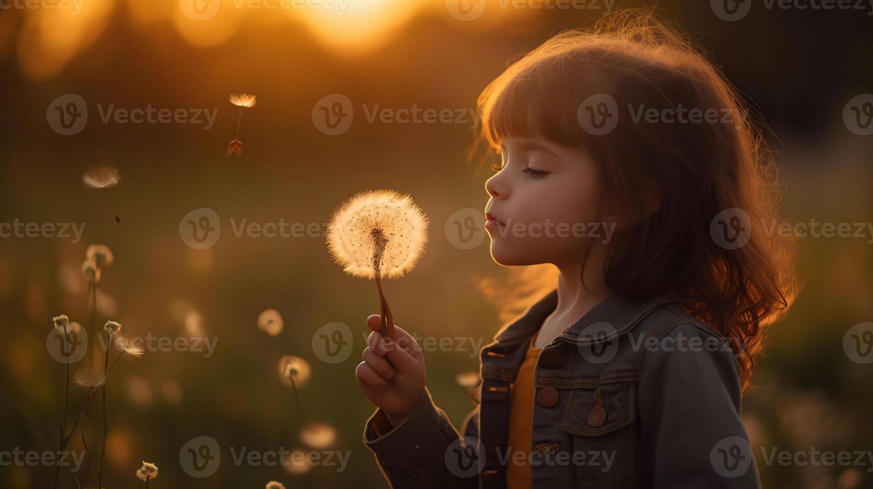 Little Girl Blowing Dandelion Flower At Sunset - Defocused Background, photo