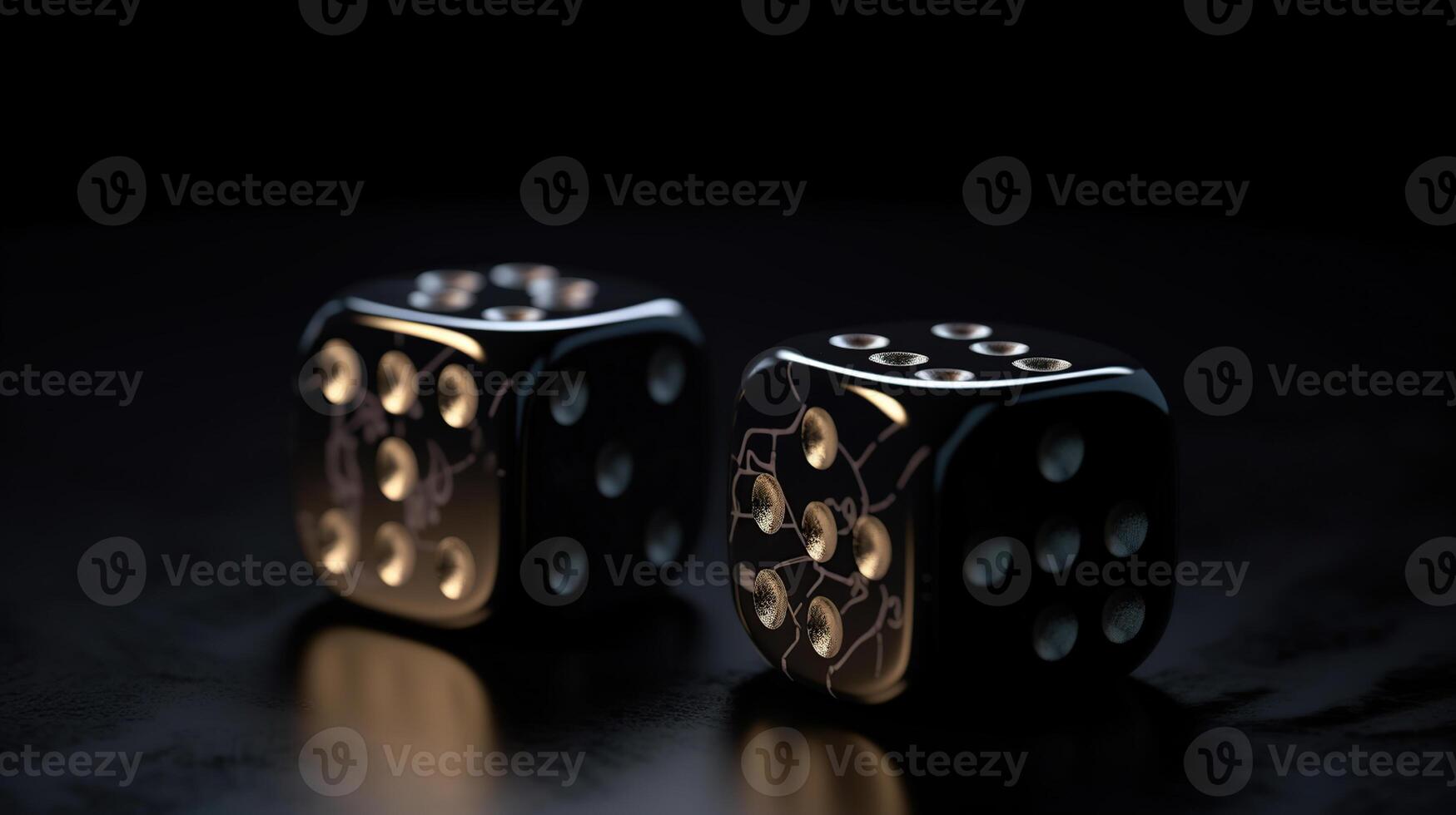 Two black rolling gambling dice on dark background, photo