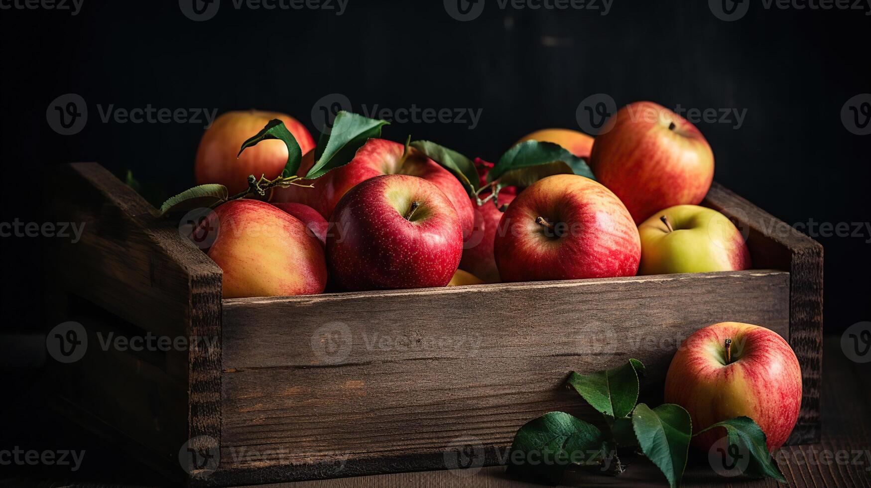 maduro manzanas en de madera caja en el Clásico mesa, generativo ai foto
