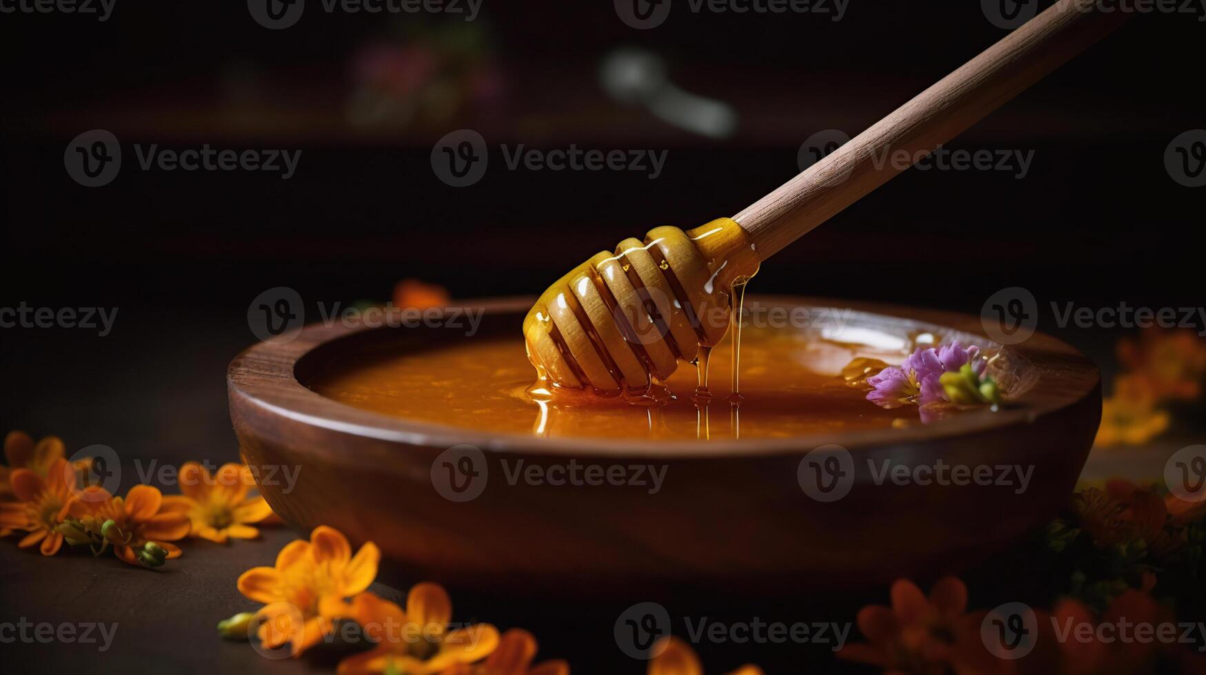 Honey dripping from honey dipper in wooden bowl. Healthy organic Thick honey dipping from the wooden honey spoon. Flowers and jar on the table, photo