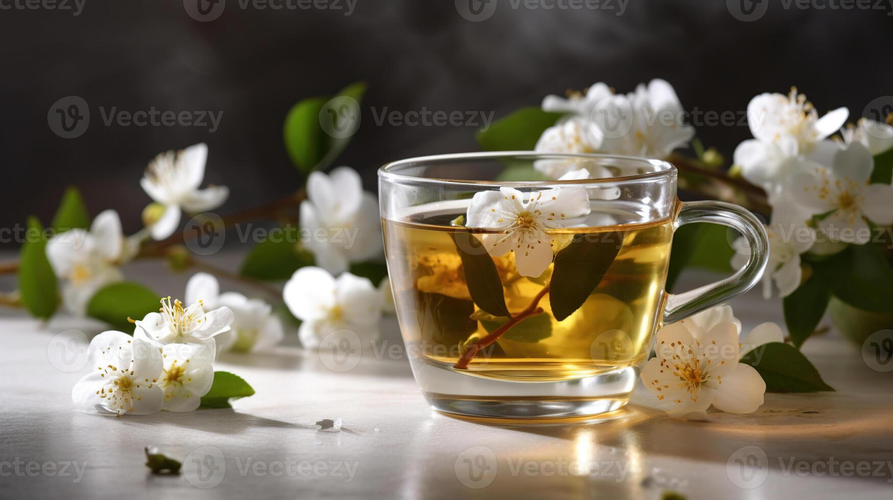 Composition with cup of jasmine tea and flowers, photo