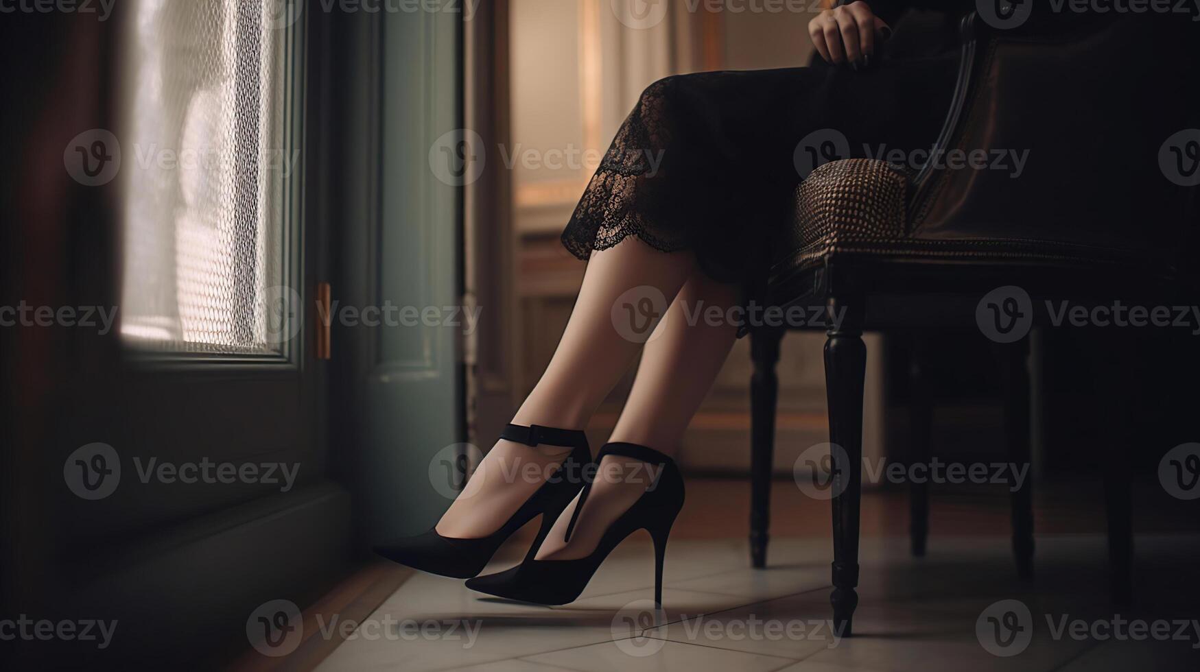 mujer en negro tacones sentado a hogar, generativo ai foto