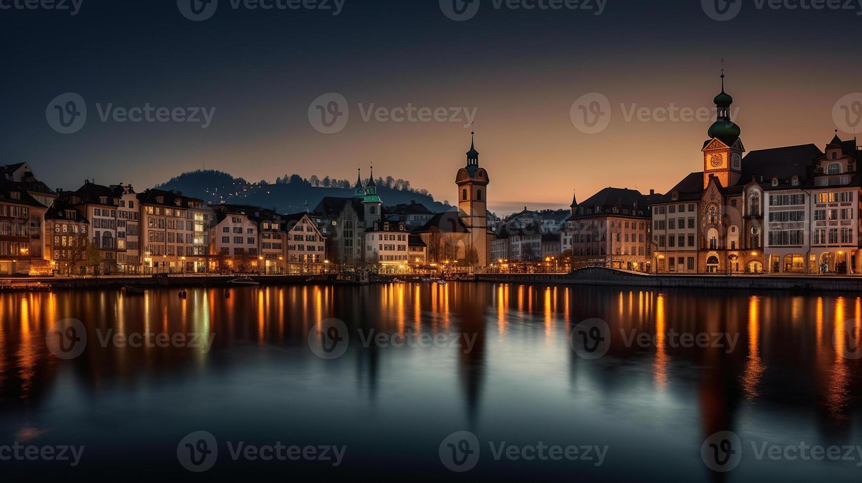 escénico noche panorama ver de el antiguo ciudad, dramático escena con río y jesuita iglesia. maravilloso vívido paisaje urbano durante atardecer, generativo ai foto