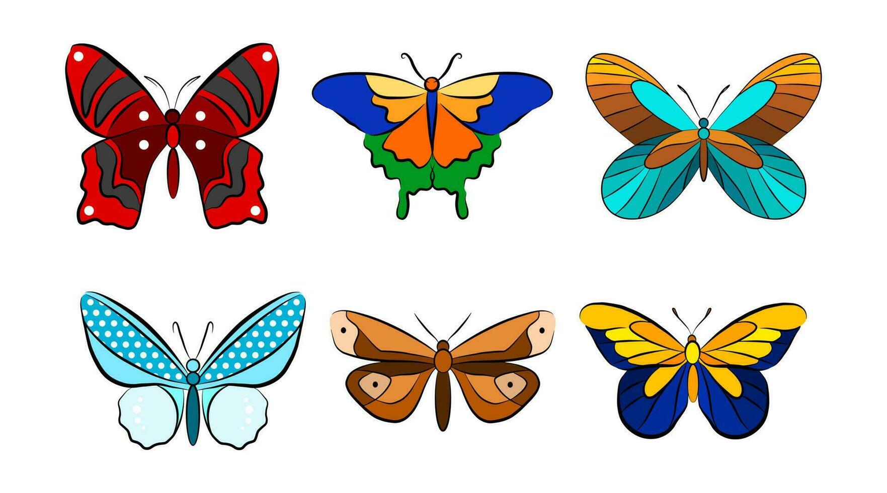 Butterfly animal colorful design element. Black outline contour icon set. Beautiful sticker template. Cartoon insect drawing. vector