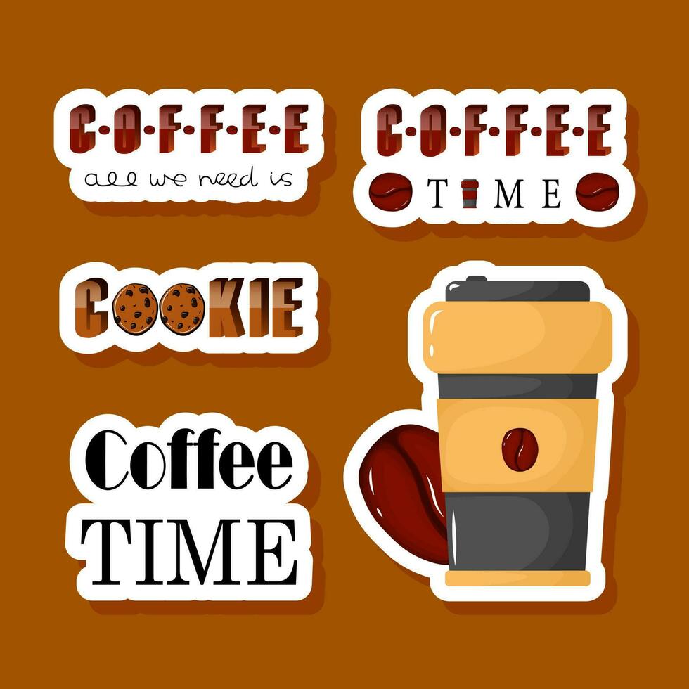Coffee sticker set. Cute vector note book label clip art. Coffee time phrase. Disposable cup with roasted bean.