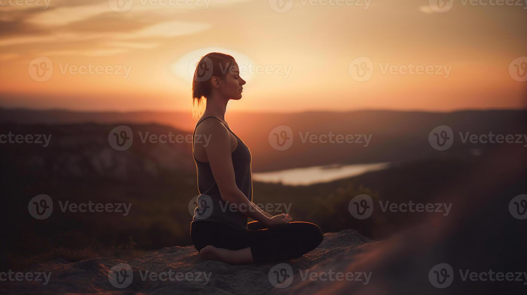 Yoga At Sunset - Woman In Meditation - Focus On Foreground, photo