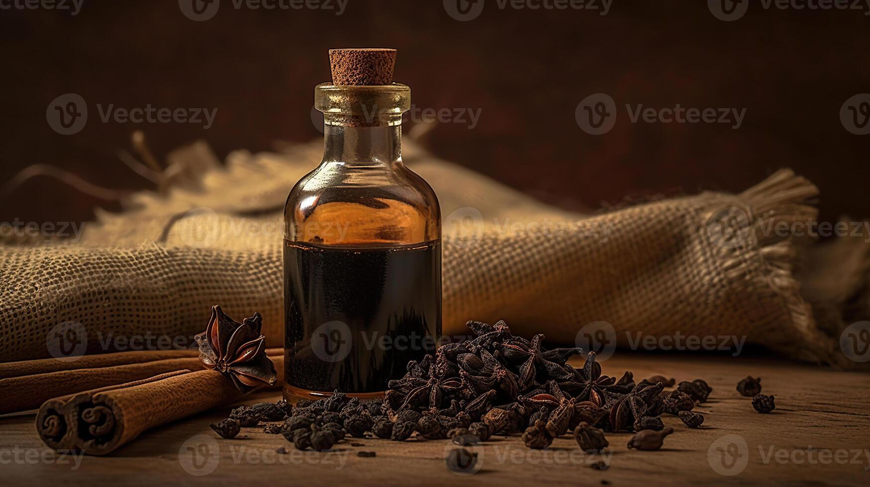 Essential oil of clove rustic . Close up glass bottle of clove oil and cloves in wooden shovel on burlap sack. photo