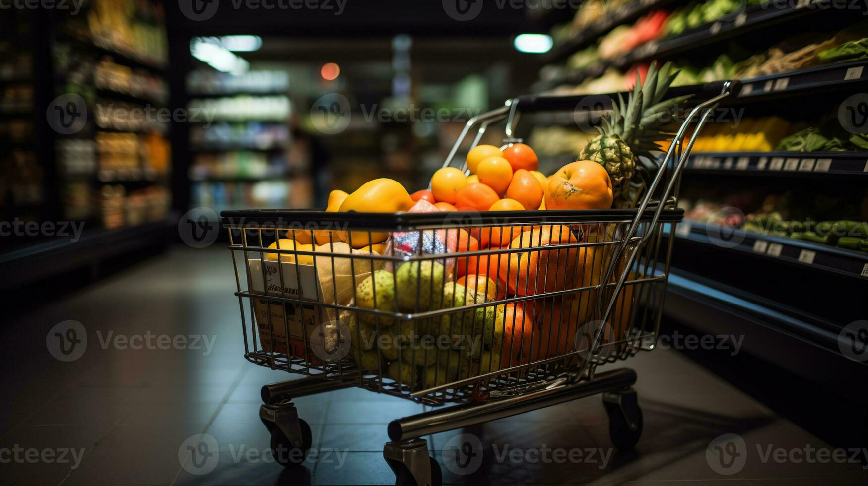 Shopping cart filled with food and drinks and supermarket shelves in
