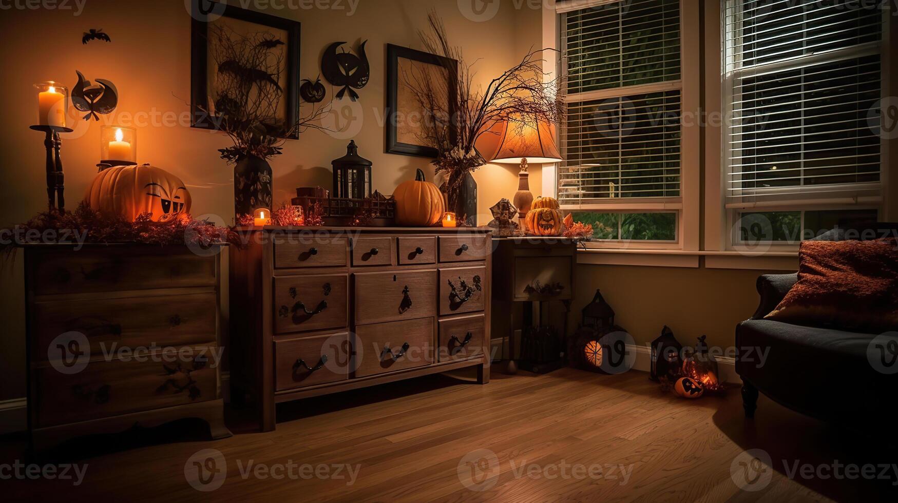 Interior of living room decorated for Halloween with door and chest of drawers, generative ai photo