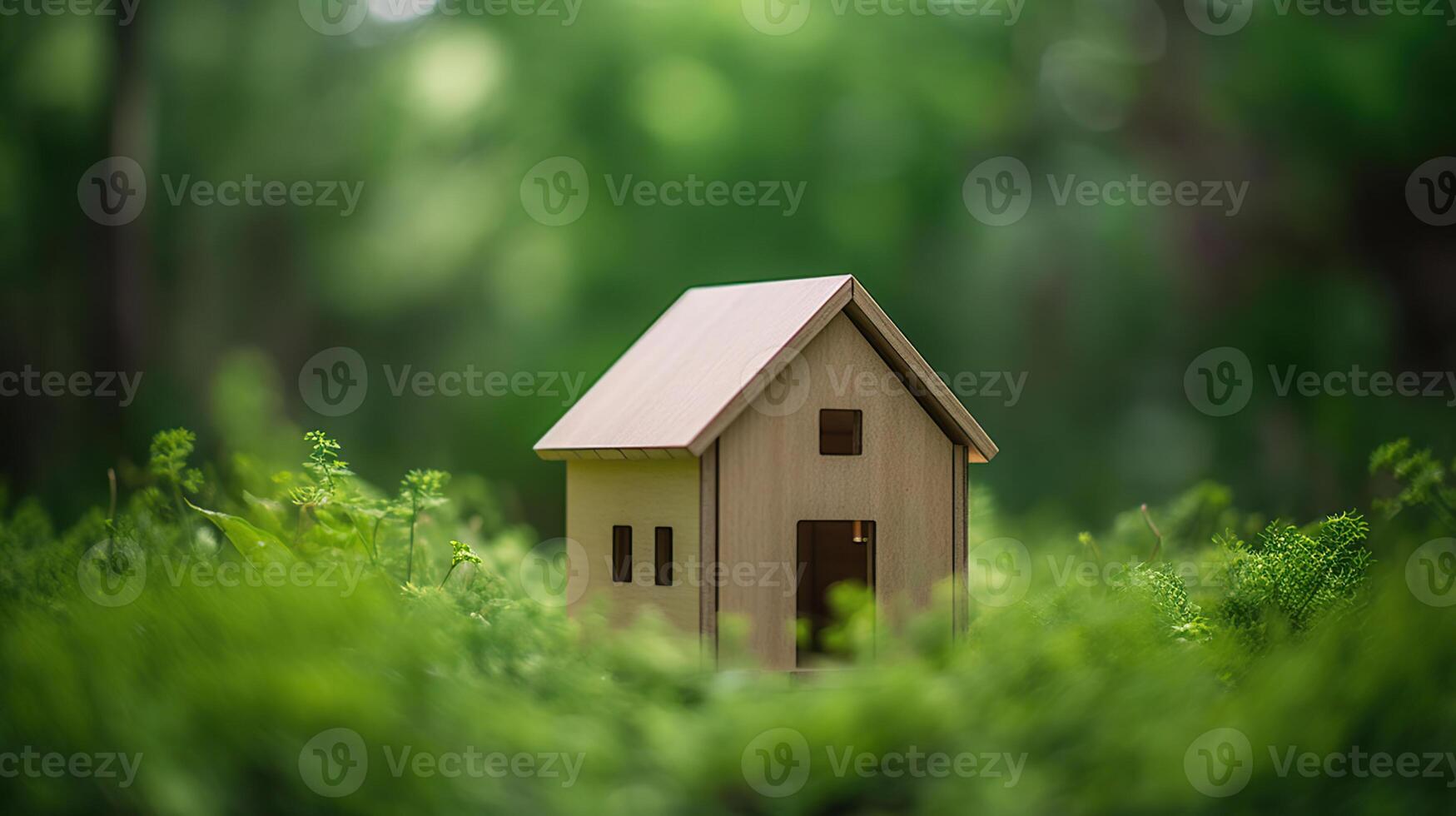 eco casa en verde ambiente - de madera hogar simpático en césped, generativo ai foto