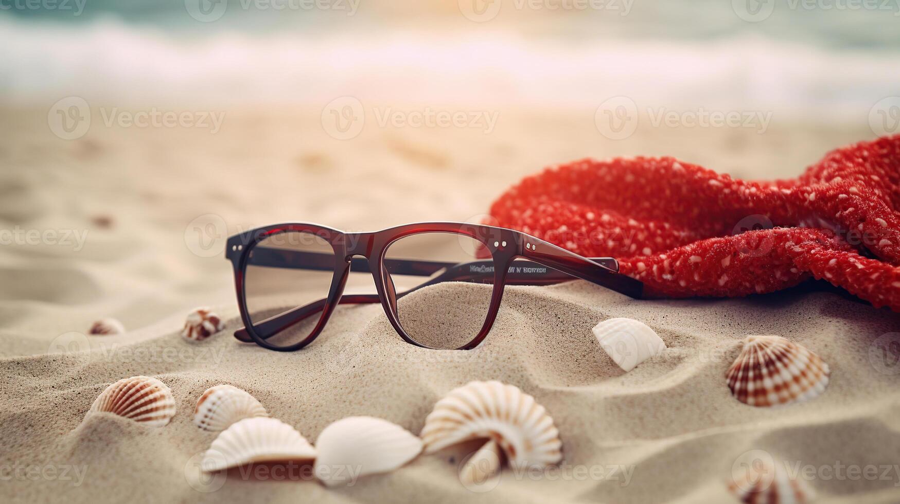 Gafas de sol acostado en tropical arena playa. fiesta. blanco toalla en escritorio y rojo lentes con conchas marinas Gafas de sol en el playa. generativo ai foto