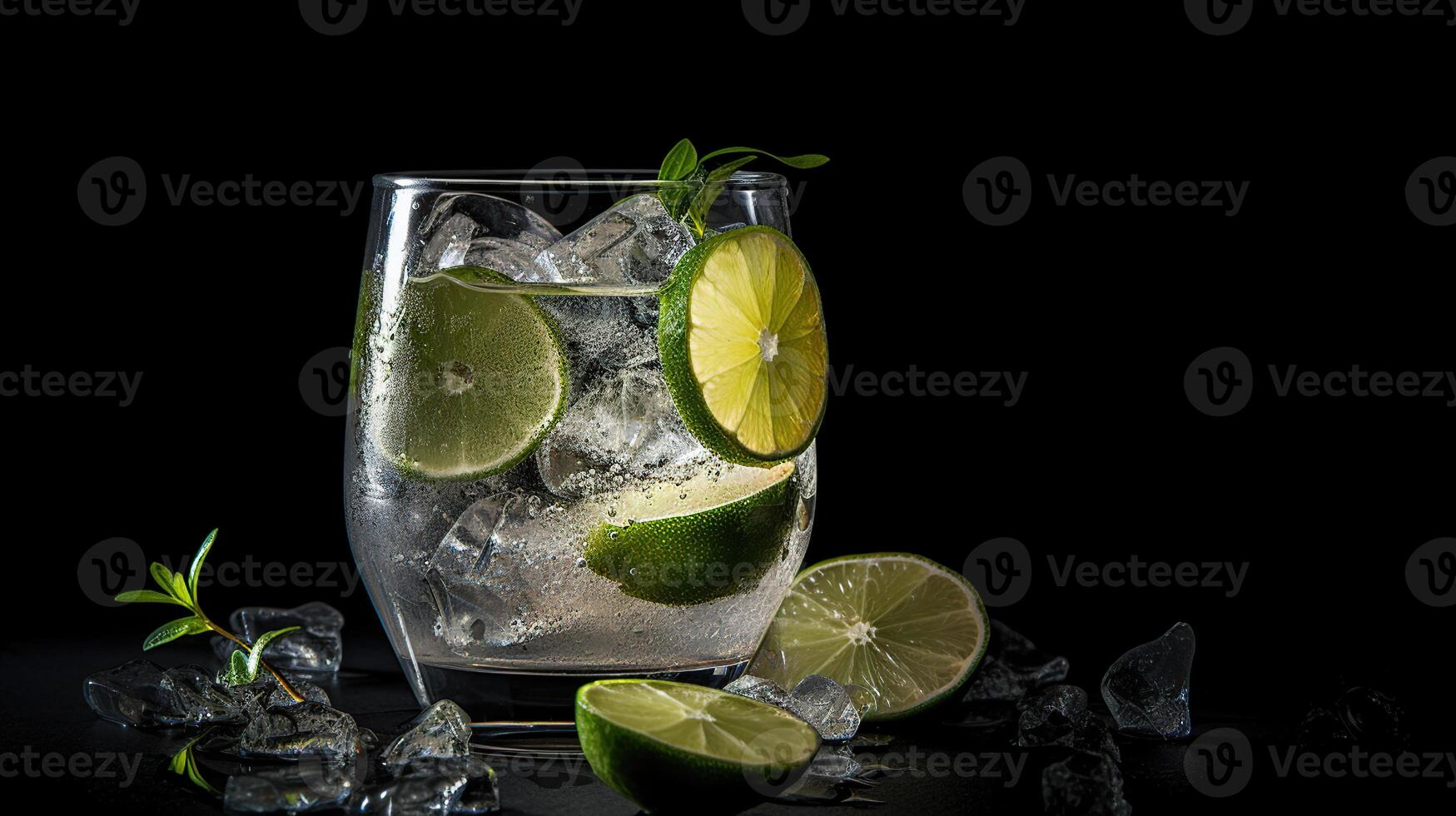 Cold cocktail with lime, tonic, vodka and ice on black background, photo