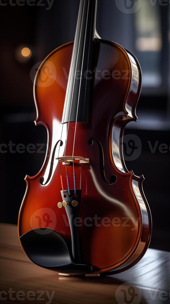 Close up of a violin on glass surface and wooden background, photo