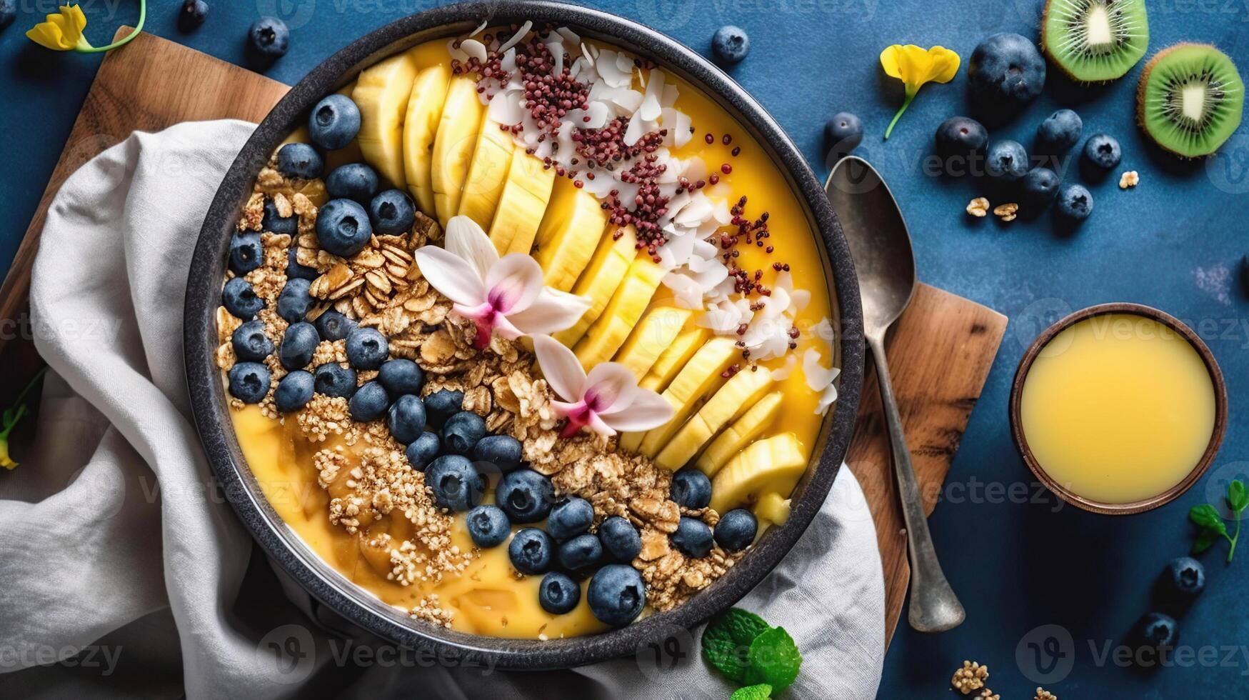 Healthy pineapple, mango smoothie bowl with coconut, bananas, blueberries and granola. dark baground, photo