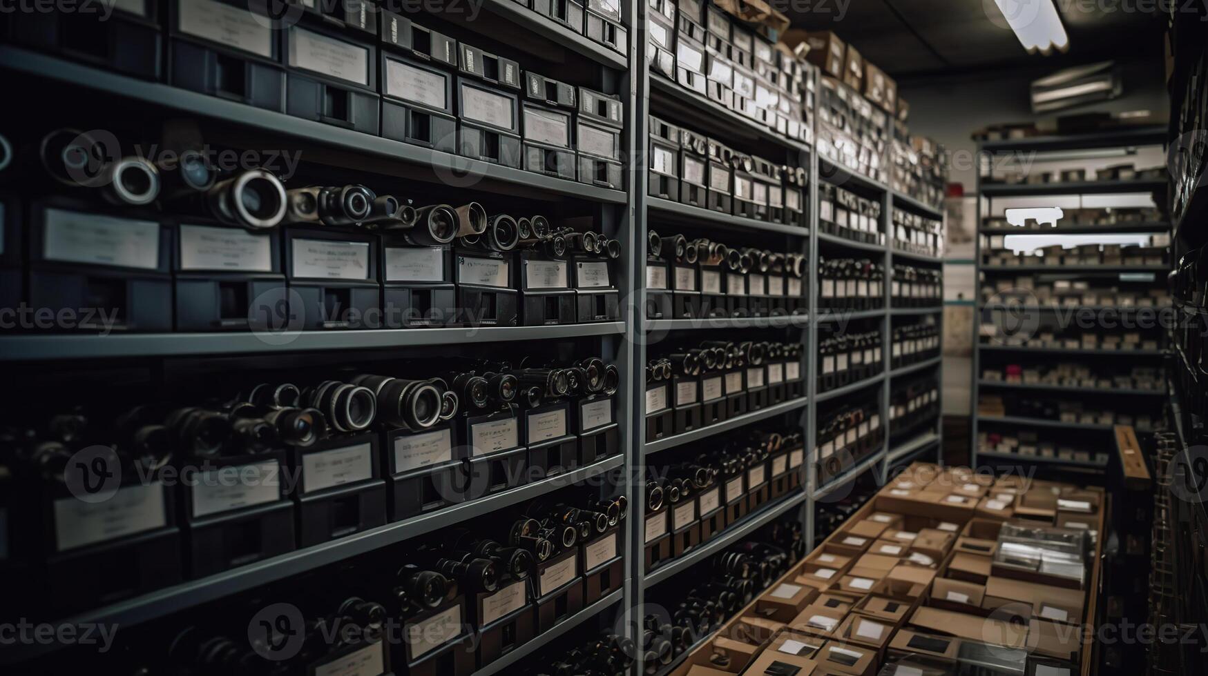 Rows of shelves with goods boxes in huge distribution warehouse at industrial storage factory, photo