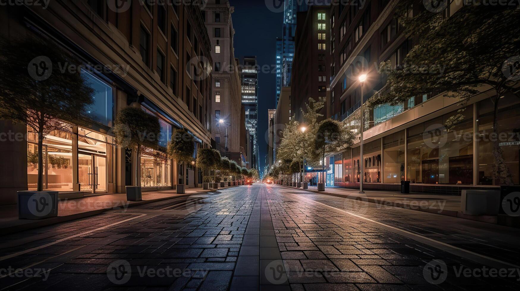 vacío la carretera y moderno comercial oficina edificios, generativo ai foto