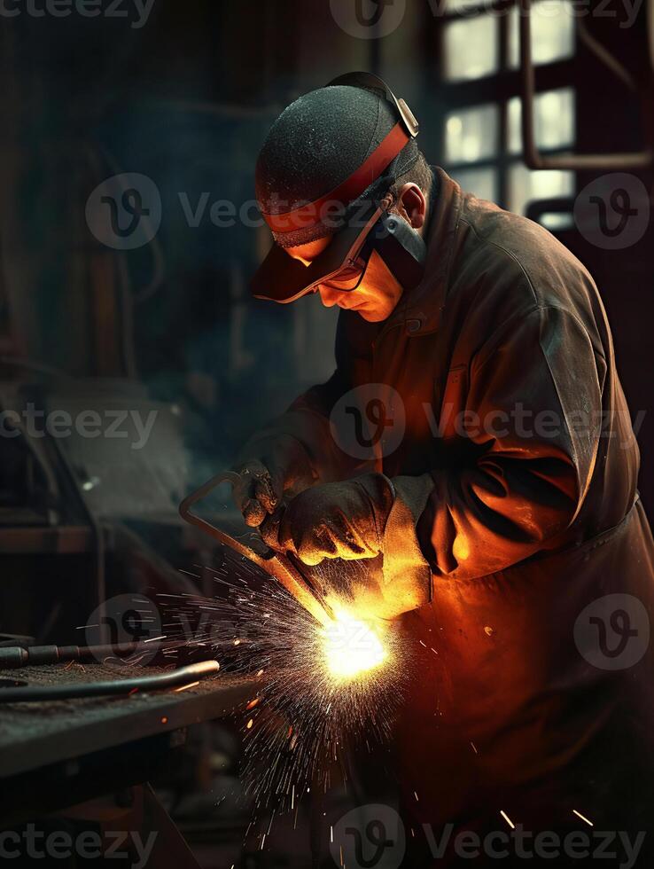un experto obrero, vistiendo la seguridad gafas de protección y protector guantes, es diligentemente operando en un bien iluminado forjar taller. generativo ai foto
