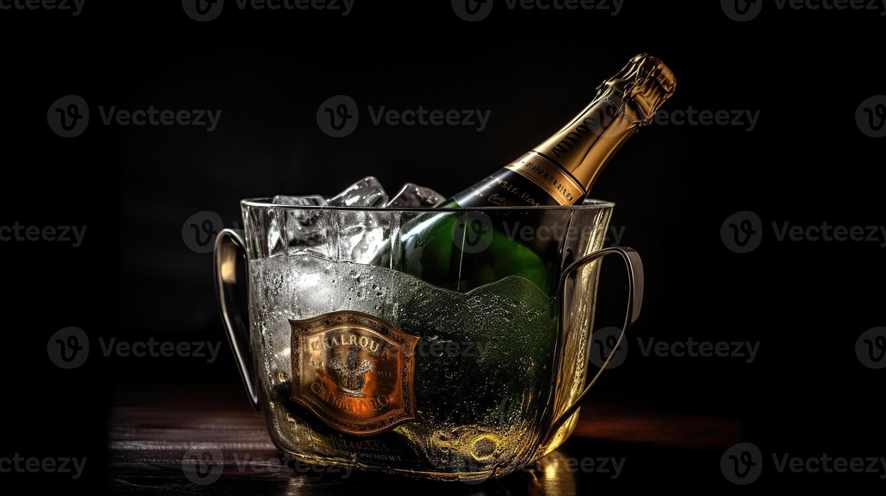 Bottle of champagne in bucket of ice, photo