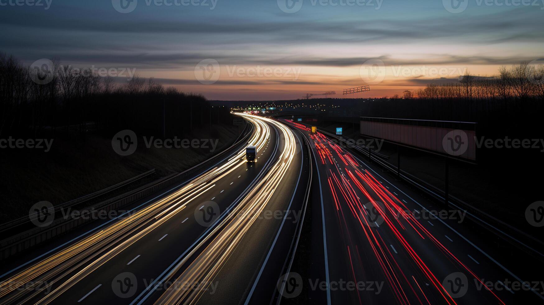 largo exposición foto de tráfico en el moverse a oscuridad en autopista, generativo ai