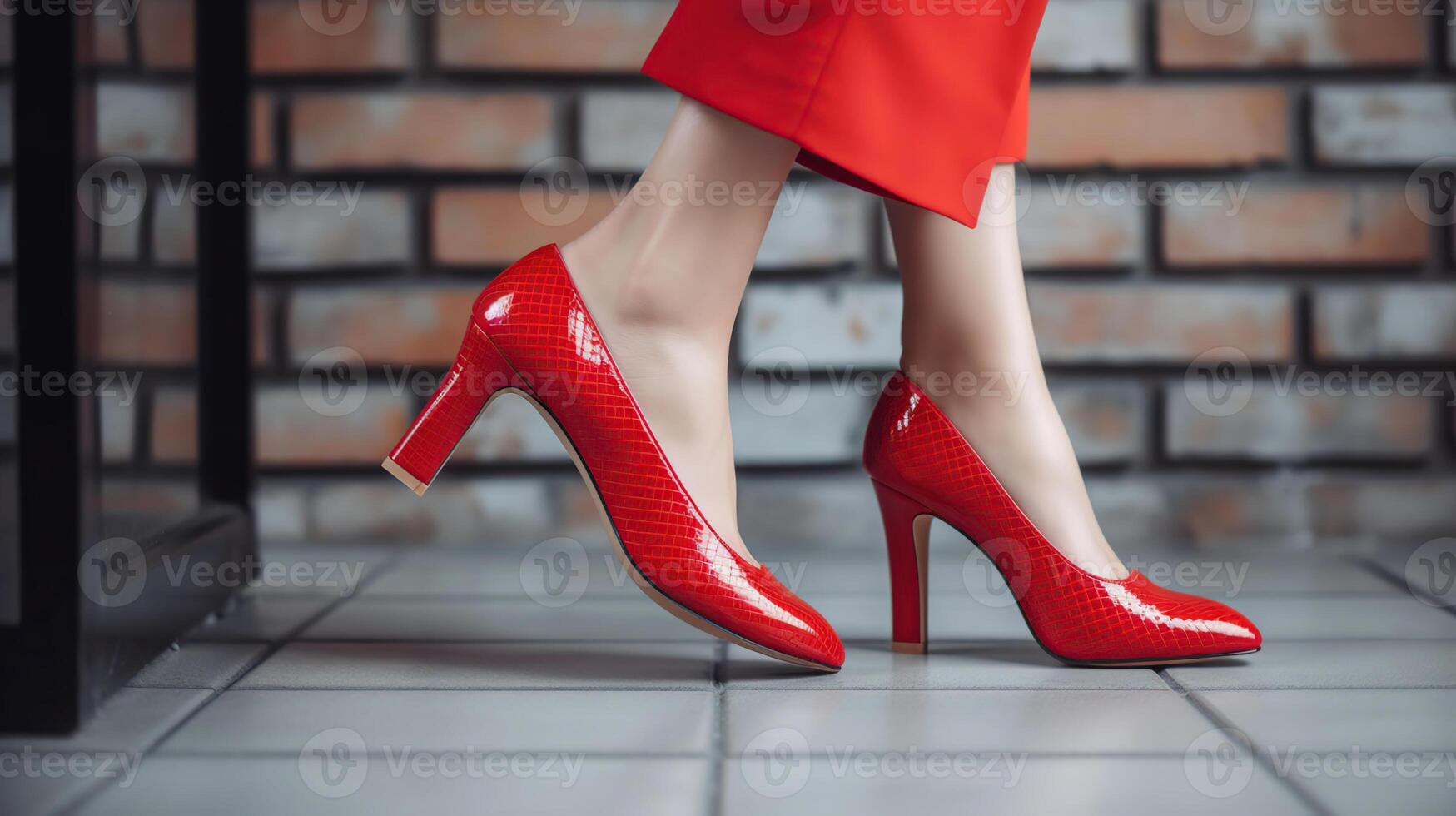Sexy Red high heels. Fashion concept, catwalk. A modern and fashionable shoe store. on a white brick background, photo