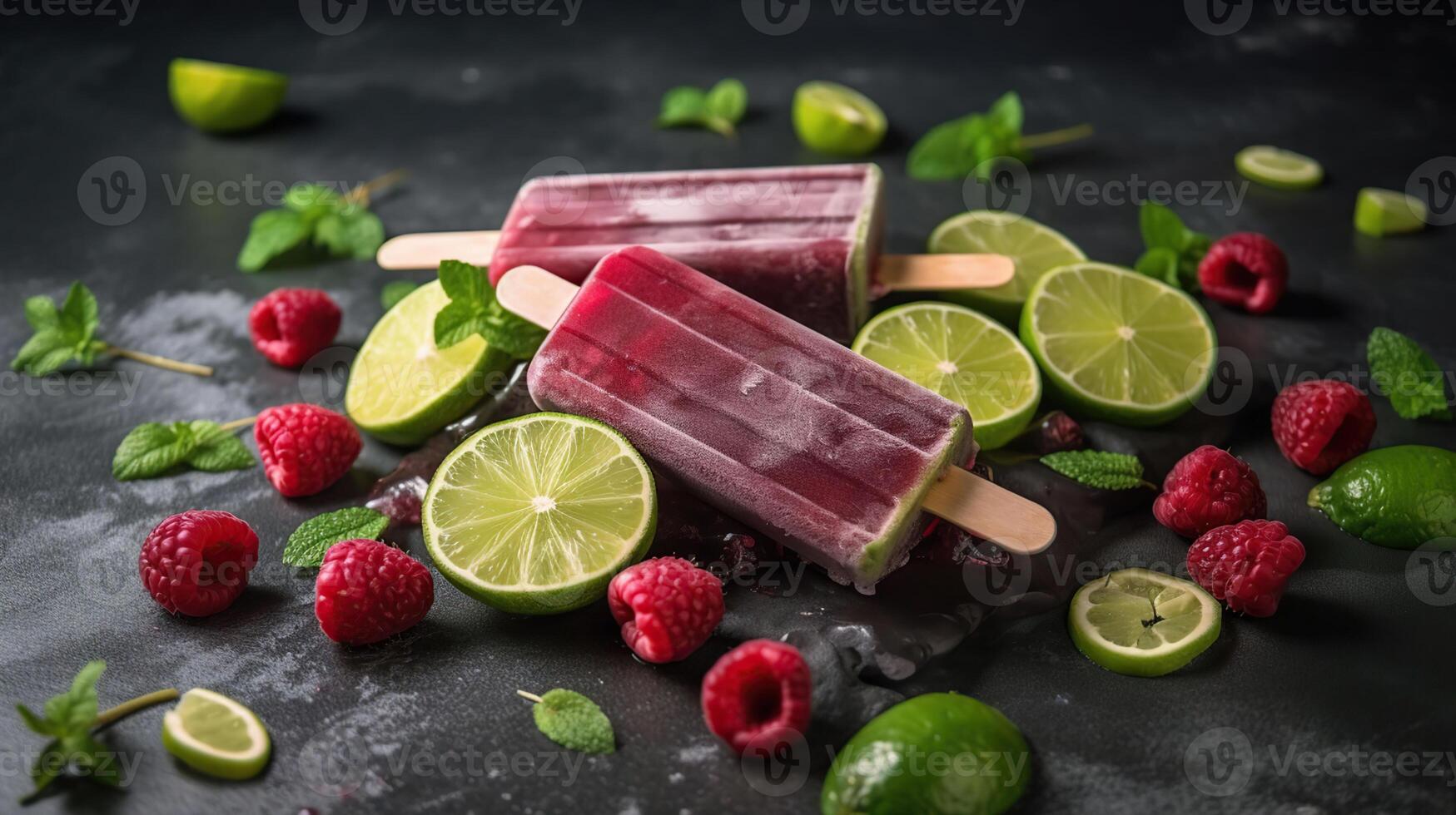 Pepino Lima spa sano Paletas de hielo con Fresco frambuesas, generativo ai foto