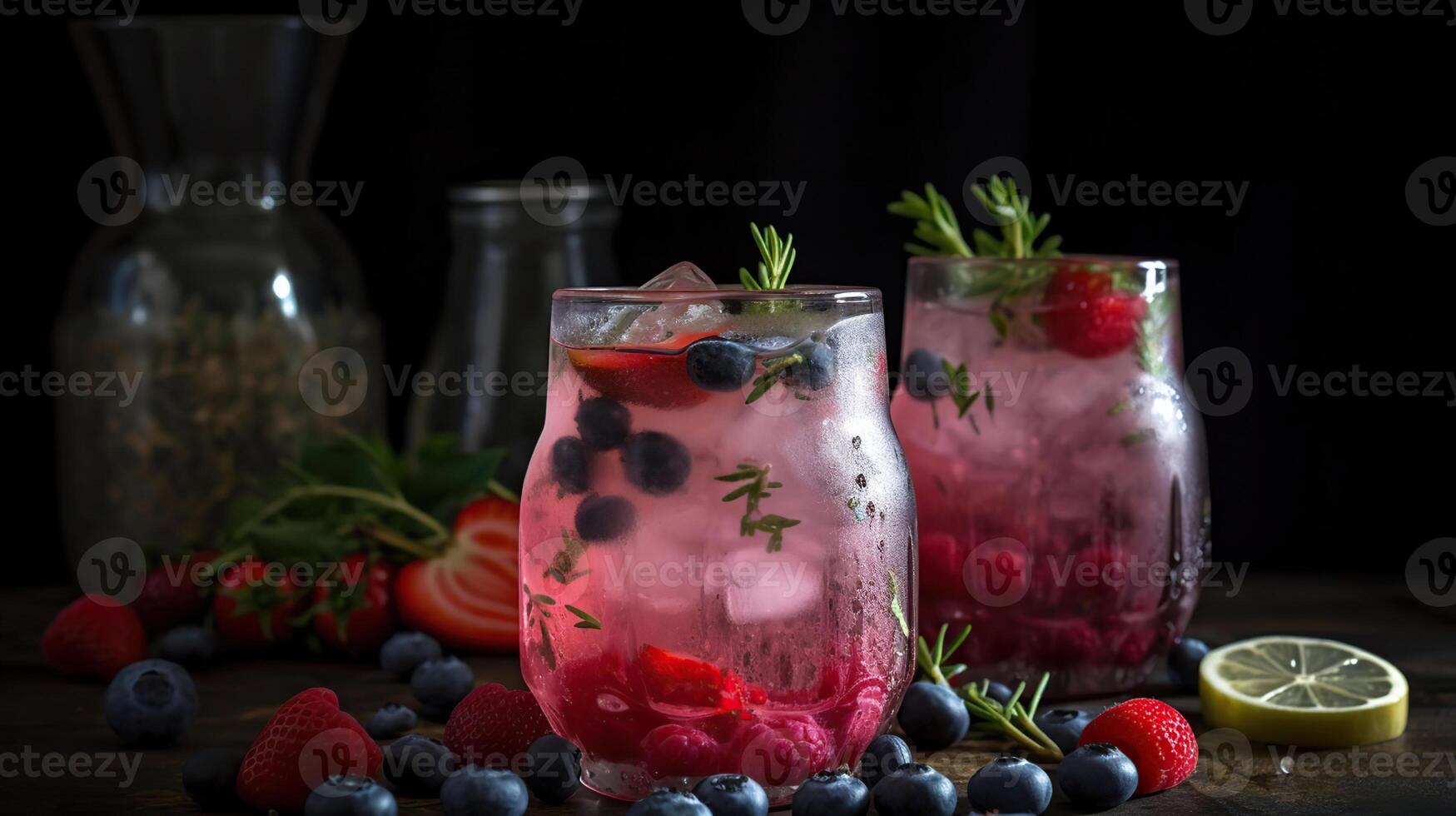 Berry drink with crushed ice and thyme. Strawberry and blueberry lemonade. Summer refreshing drink. Generativ Ai photo