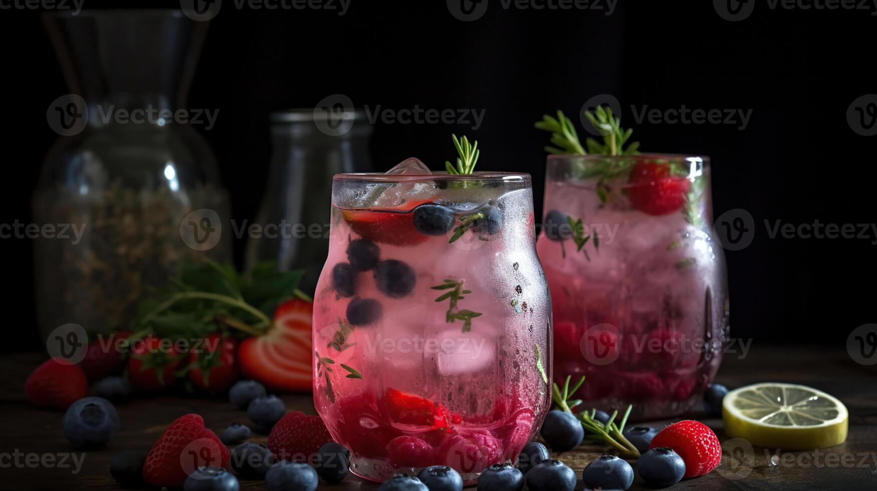 baya bebida con aplastada hielo y tomillo. fresa y arándano limonada. verano refrescante beber. generativo ai foto